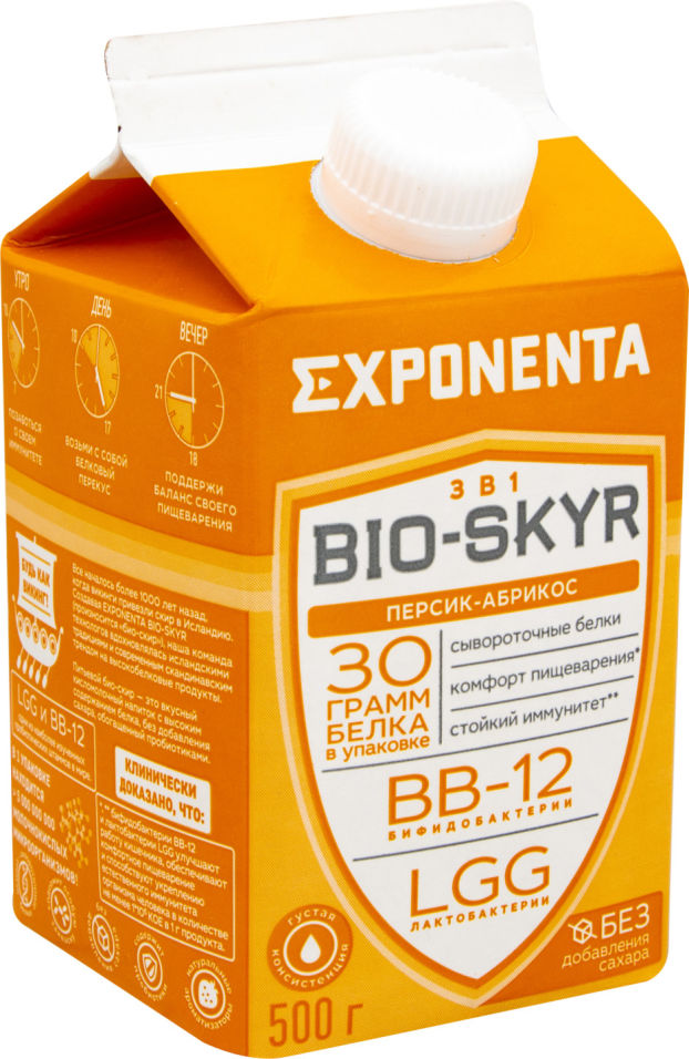 Напиток кисломолочный Exponenta Bio-Skyr Персик-Абрикос обезжиренный с высоким содержанием белка 500г