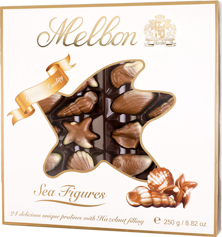Конфеты Melbon Морские фигуры из молочного и белого шоколада с ореховом пралине 250г