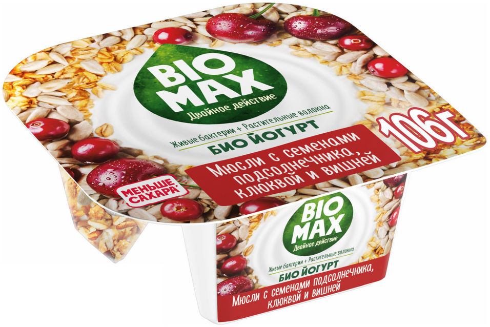 Биойогурт Bio-Max со смесью из мюсли и семян подсолнечника с клюквой и вишней 2.9% 106г