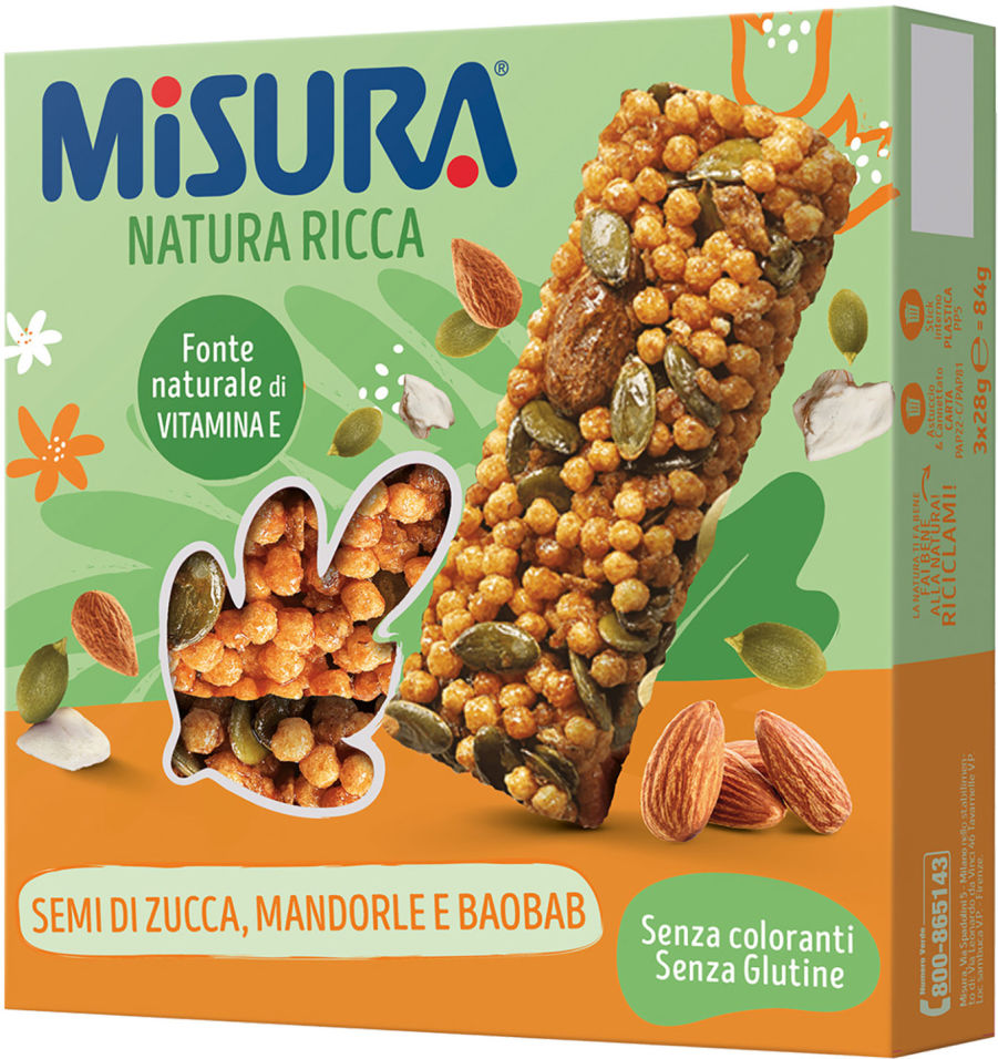 Батончик Misura Natura Ricca с тыквенными семечками миндалем баобабом 75г