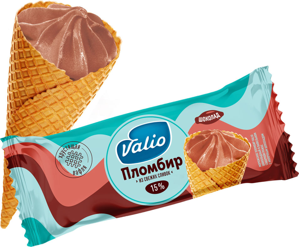 Мороженое Valio пломбир шоколадный в вафельном сахарном рожке с молочным шоколадом 90г