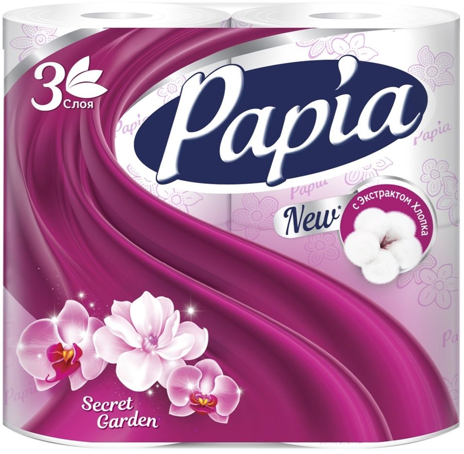 Туалетная бумага Papia Secret Garden 4 рулона 3 слоя