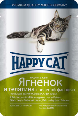 Корм для кошек Happy Cat Ягненок и Телятина с зеленой фасолью в желе 100г